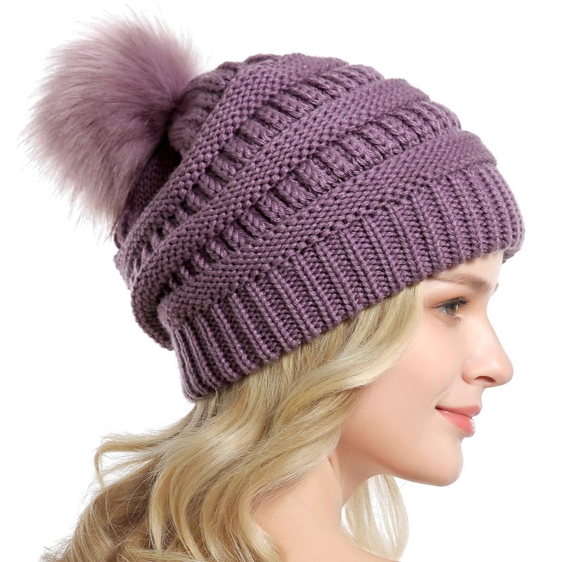 QUEENFUR Women Knit Slouchy Beanie Chunky Baggy Hat with Faux Fur Pompom Winter Soft Warm Ski Cap - Image 4